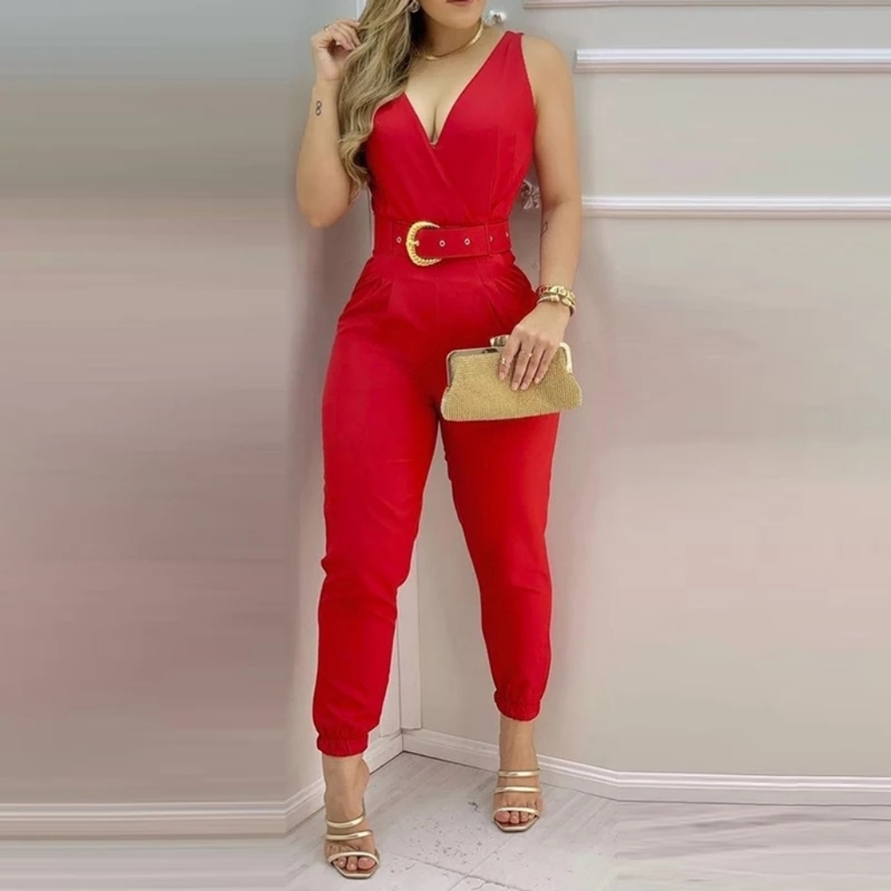 woman red stylist jumpsuits